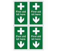 Pack of 4 First aid kit here Signs. Each Sticker is 90mm x 150mm Self Adhesive. Ideal for Businesses. Easy to Apply.