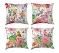 Pack of 4 Floral Cushion Covers 45 x 45cm Retro Garden Flowers Birds Decorative Velvet Throw Pillow Covers Garden Foyer Patio Decor Modern Boho Floral Cushion Cases for Living Room Bedroom Decor
