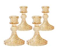 Pack of 4 Glass Candlestick Holders, Clear Taper Candle Holders Glass Candle Holder Decorative Candle Sticks Crystal Candle Holders for Wedding Centrepieces Christmas Table Decor (Amber)
