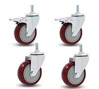 Pack of 4 Heavy Duty Swivel Stem Casters 5 inch Red PVC Wheels Mute Bolt Mount Industrial Castors Universal Replacement for Carts Trolleys Workbenches with Brake