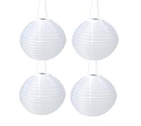 Pack of 4 LED Oriental Garden Lanterns | Solar Powered Round White Outdoor Lanterns | Bamboo Style Ribbed Hanging Garden Lights | Weatherproof | 28cm