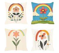 Pack of 4 Linen Cushion Covers 45x45cm Flower Decorative Throw Pillow Covers Rainbow Soft Square Cushion Case Couch Pillowcases, with Smooth Invisible Zip for Sofa Living Room Bedroom F0P-80