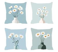 Pack of 4 Linen Cushion Covers 50x50cm Chrysanthemum Decorative Throw Pillow Covers White 1 Soft Square Cushion Case Couch Pillowcases, with Smooth Invisible Zip for Sofa Living Room Bedroom F0P-448