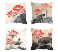 Pack of 4 Linen Cushion Covers 50x50cm Lotus Decorative Throw Pillow Covers Lotus Leaf 1 Soft Square Cushion Case Couch Pillowcases, with Smooth Invisible Zip for Sofa Living Room Bedroom F0P-141