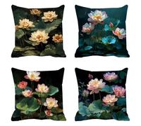 Pack of 4 Linen Cushion Covers 60x60cm Lotus Decorative Throw Pillow Covers Lotus Leaf Soft Square Cushion Case Couch Pillowcases, with Smooth Invisible Zip for Sofa Living Room Bedroom F0P-100