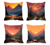 Pack of 4 Linen Cushion Covers 60x60cm Mountain Decorative Throw Pillow Covers Sunset Soft Square Cushion Case Couch Pillowcases, with Smooth Invisible Zip for Sofa Living Room Bedroom F0P-651
