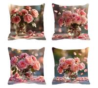 Pack of 4 Linen Cushion Covers 80x80cm Pink Decorative Throw Pillow Covers Wreath 5 Soft Square Cushion Case Couch Pillowcases, with Smooth Invisible Zip for Sofa Living Room Bedroom F0P-229