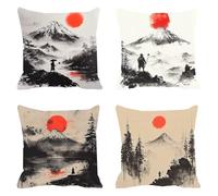 Pack of 4 Linen Cushion Covers 80x80cm Sun Decorative Throw Pillow Covers Mountain Soft Square Cushion Case Couch Pillowcases, with Smooth Invisible Zip for Sofa Living Room Bedroom F0P-646