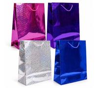 (Pack of 4) Metallic Holographic Gift Bags with Rope Handles | Present Bags for Birthdays, Weddings, Baby Showers, Christmas & Retail Gifts | Strong Reusable Paper Party Bags | Assorted Colours