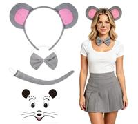 Pack of 4 Mouse Costume Halloween Costume with Headband Bow Tie Tail | Grey Mouse Fancy Dress, Headband Bow Tie Tail Sticker, Carnival Halloween Theme Party Costume