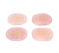 Pack of 4 Natural Rune Stones with Engraved Reiki Symbols, Flat Oval Meditation Rune Stones with Storage Bag (Rose Quartz)