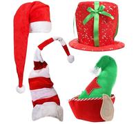 Pack of 4 Novelty Christmas Hat Set - Present Hat, Red Santa Hat, Red and White Striped Santa Hat, Green Elf Hat - Perfect for Christmas Fancy Dress