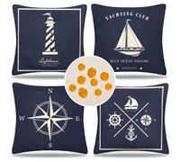 Pack of 4 Ocean Blue Sofa Cushion Covers Linen Waterproof Outdoor Spring and Summer Decorative Lighthouse Sailboat Compass Pattern Pillowcases for Indoor Balcony Garden 45 x 45 cm