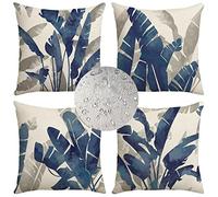 Pack of 4 Outdoor Cushion Waterproof Blue Plant Cushion Covers 70x70cm Summer Garden Cushions Double sided Grey Modern Throw Pillow Cover for Garden Patio Bench Sofa Outside Furniture 28x28inch Z-1256