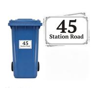 Pack of 4 Personalised Wheelie Bin Stickers - Custom House Number & Street Name Address Labels - Waterproof Vinyl Vintage Decals for Rubbish and Recycling Bins (150x100mm)