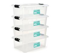 Pack Of 4 Plastic Storage Box Clear,Stackable Heavy Duty Multi-Purpose Stacking Strong Container,Boxes Lid Black Clip Lock Handles,Ideal For Home Office School Arts & Crafts (40 Litre)