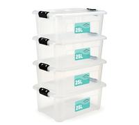 Pack Of 4 Plastic Storage Box Clear,Stackable Heavy Duty Multi-Purpose Stacking Strong Container,Boxes Lid Black Clip Lock Handles,Ideal For Home Office School Arts & Crafts (25 Litre)