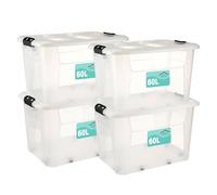 Pack Of 4 Plastic Storage Box Clear,Stackable Heavy Duty Multi-Purpose Stacking Strong Container,Boxes Lid Black Clip Lock Handles,Ideal For Home Office School Arts & Crafts (60 Litre)