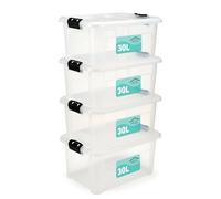 Pack Of 4 Plastic Storage Box Clear,Stackable Heavy Duty Multi-Purpose Stacking Strong Container,Boxes Lid Black Clip Lock Handles,Ideal For Home Office School Arts & Crafts (30 Litre)
