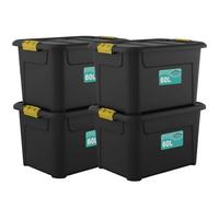 Pack Of 4 Plastic Storage Boxes Black, Heavy Duty Multi-Purpose Indoor & Outdoor Stackable Strong Container Lid Yellow Lock Clip Handles Home, Office School Arts & Crafts Nestable (60 Litre)