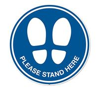 Pack of 4 Please stand here Sign, Self-adhesive antislip Floor markers, Mandatory Virus Protection Safety, Social Distancing measures, 300mm Dia. circle