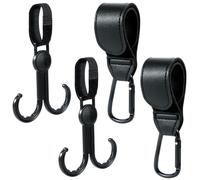 Pack of 4 Pram Hooks, Leather Look Pram Hooks, Bag Holder, Pram Leather Style, Velcro Hook, Pram Hook for Hanging Bags and Shopping (Black)