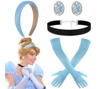 Pack of 4 Princess Costume Women Girls Princess Crown Hair Accessories Blue Gloves Cinderella Costume Women Cinderella Costume Cinderella Dress Ladies Fancy Dress Carnival Costume
