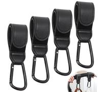 Pack of 4 Pushchair Hooks, Wefaly Universal Pram Hooks for Bags, PU Leather, Carabiner Hook, Pram for Stroller, Pram, Trailer, Rollator, Bicycle Trailer