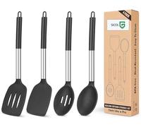 Pack of 4 Silicone Cooking Utensils Set, Non Stick Large Solid Spatulas, Heat Resistant Black Slotted Spoons, Ideal BPA Free Kitchen Turners for Frying, Mixing,Serving,Draining,Turning,Stirring