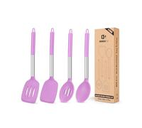 Pack of 4 Silicone Cooking Utensils Set, Non Stick Large Solid Spatulas, Heat Resistant Purple Slotted Spoons, Ideal BPA Free Kitchen Turners for Frying, Mixing,Serving,Draining,Turning,Stirring
