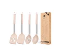 Pack of 4 Silicone Cooking Utensils Set, Non Stick Large Solid Spatulas, Heat Resistant Stainless Steel Khaki Slotted Spoons, Ideal BPA Free Kitchen Turners for Frying, Mixing,Serving,Draining,Turning