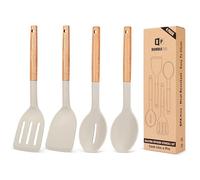Pack of 4 Silicone Cooking Utensils Set, Non Stick Solid Spatulas and Heat Resistant Slotted Spoons with Wooden Handle, Ideal Wood Kitchen Utensils Set for Frying,Serving,Turning,Stirring (Khaki)