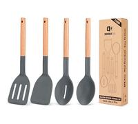 Pack of 4 Silicone Cooking Utensils Set, Non Stick Solid Spatulas and Heat Resistant Slotted Spoons with Wooden Handle, Ideal Wood Kitchen Utensils Set for Frying,Serving,Turning,Stirring (Gray)