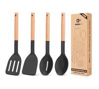 Pack of 4 Silicone Cooking Utensils Set, Non Stick Solid Spatulas and Heat Resistant Slotted Spoons with Wooden Handle, Ideal Wood Kitchen Utensils Set for Frying,Serving,Turning,Stirring(Black)