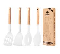 Pack of 4 Silicone Cooking Utensils Set, Non Stick Solid Spatulas and Heat Resistant Slotted Spoons with Wooden Handle, Ideal Wood Kitchen Utensils Set for Frying,Serving,Turning,Stirring (WHITE)