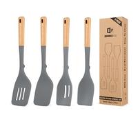 Pack of 4 Silicone Kitchen Utensils Set, Non Stick Solid Spatulas and Heat Resistant Slotted Spoons with Wooden Handle, Ideal BPA Free Cooking Utensils for Mixing,Serving,Turning,Stirring(Gray)