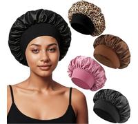 Pack of 4 Silk Bonnet for Sleeping, Satin Bonnet Night Sleep Cap with Elastic Band Silk Cap for Hair Sleeping for Women Girls Long, Straight, Curly Hair (Brown, Leopard Print, Dark Pink, Black)