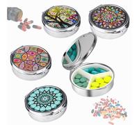 Pack of 4 Small Pill Boxes with Mirror, Small Pill Box for Travel, Decorative Metal Pill Box, 3 Compartments, Round, Women Small Pill Case, Pill Box Small for On the Go Daily and Travel