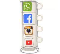 Pack Of 4 Social Media Mugs With Holder Stand Tea Coffee Drinking Hot Drinks
