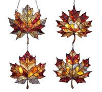 Pack of 4 Stained Maple Leaf Ornaments, 2D Flat Maple Leaf Stained Glass Window Autumn Decoration, Maple Leaves Suncatcher, Outdoor Maple Leaf Pendant Glass Decoration for Front Door