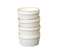 Pack of 4 Stoneware Ramekins Set, Cream with Brown Rim, 200ml Ribbed Dishes for Baking and Serving, 9cm x 5cm, Oven, Microwave & Dishwasher Safe