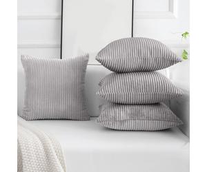 (Pack of 4, Stripe Silver Cushions) Velvet Cushion Covers Soft Luxury Embossed Stripe Quilted Cushions Pack of 1,2 & 4