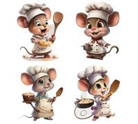 Pack of 4 Wall Stickers Kitchen Self-Adhesive Wall Stickers Kitchen Cute Little Mice Cook, Wall Decoration Kitchen Mouse Kitchen Master, Children's Room Wall Decoration for Living Room, Bedroom