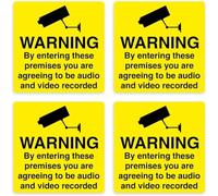 Pack of 4 Warning by entering these premises you are agreeing to be audio and video recorded security signs - Size 100mm x 100mm - Self adhesive vinyl stickers