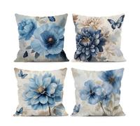 Pack of 4 Waterproof Cushion Covers 65x65 cm Flowers Butterflies Outdoor Cushion Covers Blue Brown Linen Square Pillowcase Modern Decorative Pillow Cover for Patio Garden Porch Bench Sofa Indoor Bed