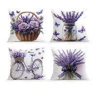 Pack of 4 Waterproof Cushion Covers 65x65 cm Flowers Outdoor Cushion Covers Purple Butterflies Linen Square Pillowcase Modern Decorative Pillow Cover for Patio Garden Porch Bench Sofa Indoor Bed