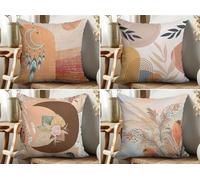 Pack of 4 Waterproof Cushion Covers 65x65 cm Green Feathers Outdoor Cushion Covers Brown Pink Linen Square Pillowcase Modern Decorative Pillow Cover for Patio Garden Porch Bench Sofa Indoor Bed