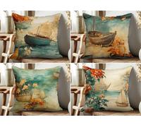 Pack of 4 Waterproof Cushion Covers 65x65 cm Sailboat Flowers Outdoor Cushion Covers Watercolor Linen Square Pillowcase Modern Decorative Pillow Cover for Patio Garden Porch Bench Sofa Indoor Bed