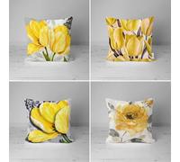 Pack of 4 Waterproof Cushion Covers 65x65 cm Yellow Flowers Outdoor Cushion Covers Black Gray Linen Square Pillowcase Modern Decorative Pillow Cover for Patio Garden Porch Bench Sofa Indoor Bed
