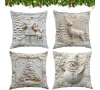 Pack Of 4 White Christmas Themed Cushion Cover, 3D-Look Christmas Cushion Covers, Festive Snowman Reindeer Soft Peach Skin Fabric Home Decor, Elegant Christmass Cushions Covers Set For Sofa Bed